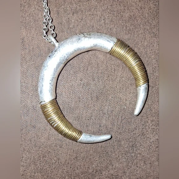 Mixed Metal Double Horn Crescent Silvertone Statement Pendant Necklace - Picture 3 of 7